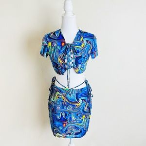 Blue Marble Trippy Front Lace Up Short Sleeve Crop Top & Side Tie Mini Set